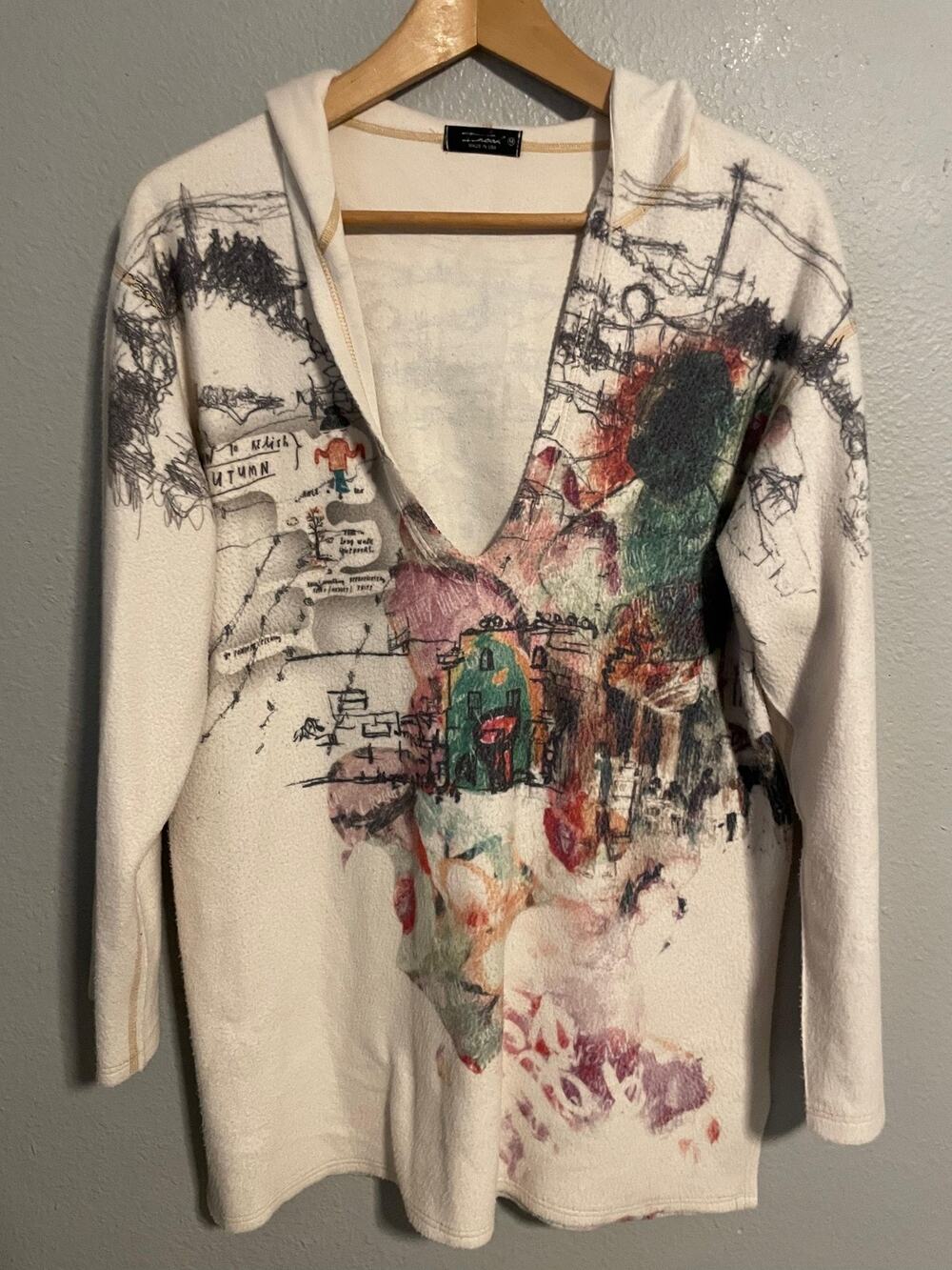 Inoah Womens Sweater Tunic Medium Hooded White City Graphic USA Boho Art To Wear